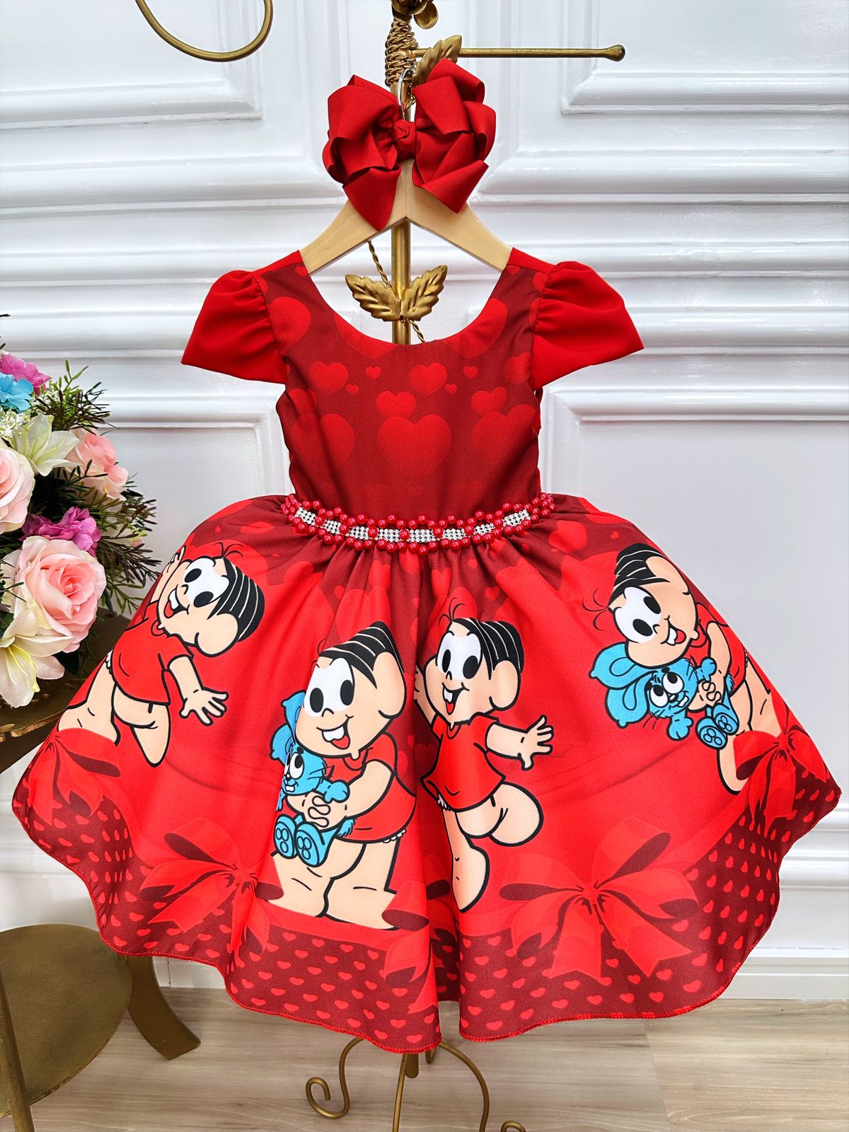 Vestido Infantil Mônica e Sansão Vermelho C/ Cinto Pérolas (3048VM)