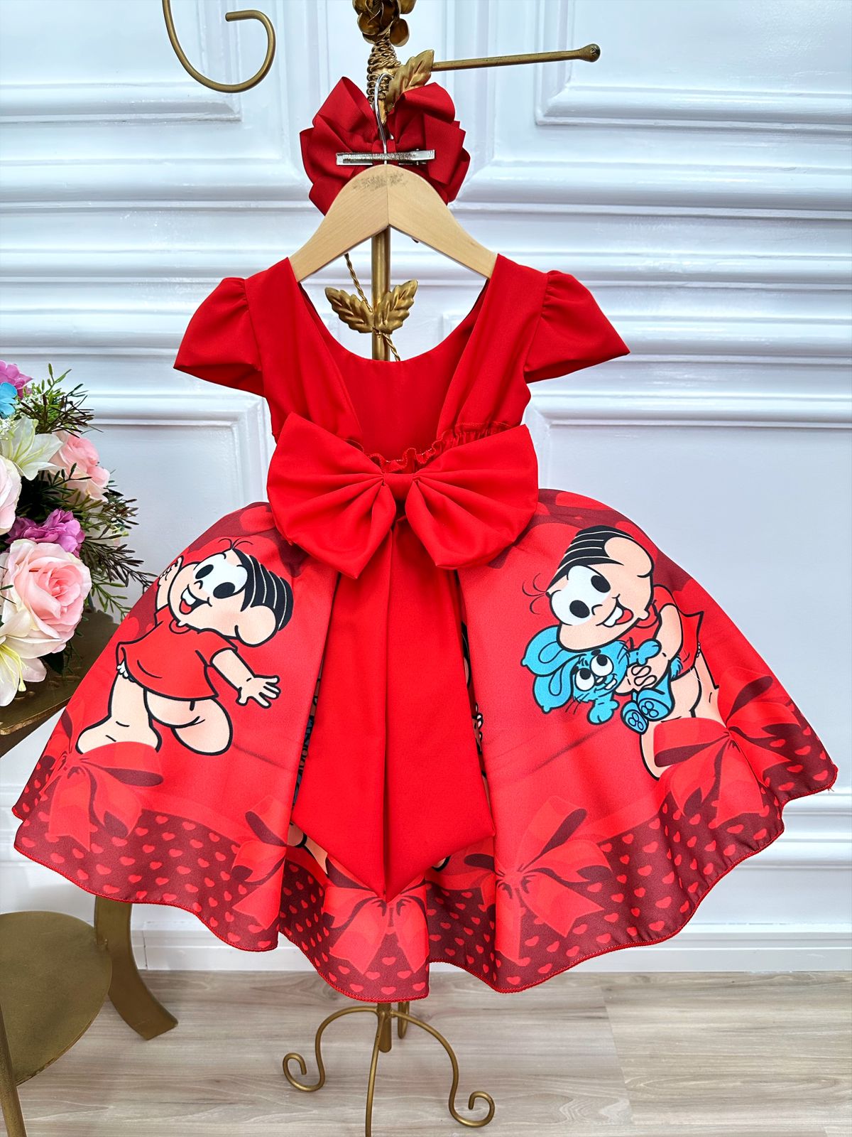 Vestido Infantil Mônica e Sansão Vermelho C/ Cinto Pérolas (3048VM)