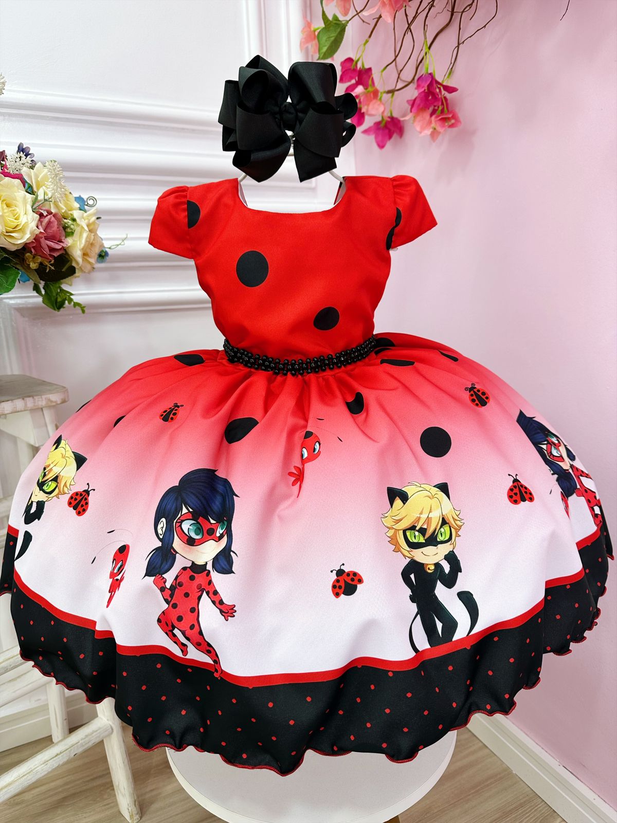 Vestido Infantil Vermelho Ladybug e o Gato Noir Luxo (1114VM)