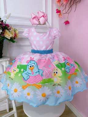 Vestido Infantil Galinha Pintadinha Rosa C/ Cinto Pérolas (0036RS)