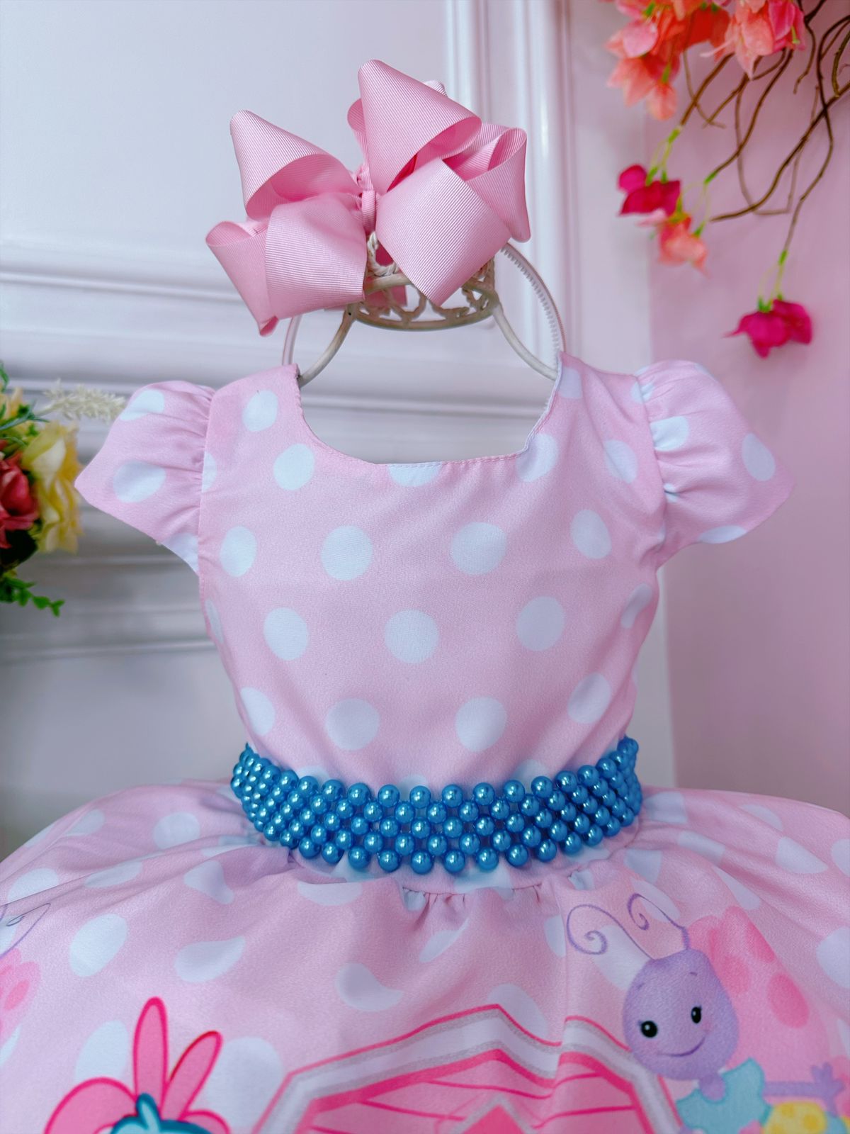 Vestido Infantil Galinha Pintadinha Rosa C/ Cinto Pérolas (0036RS)