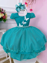 Vestido Infantil Verde Tiffany Glitter Aplique de Borboletas (0110VT)