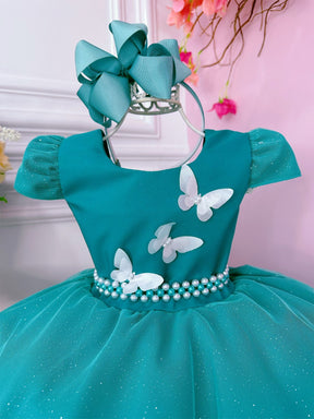 Vestido Infantil Verde Tiffany Glitter Aplique de Borboletas (0110VT)