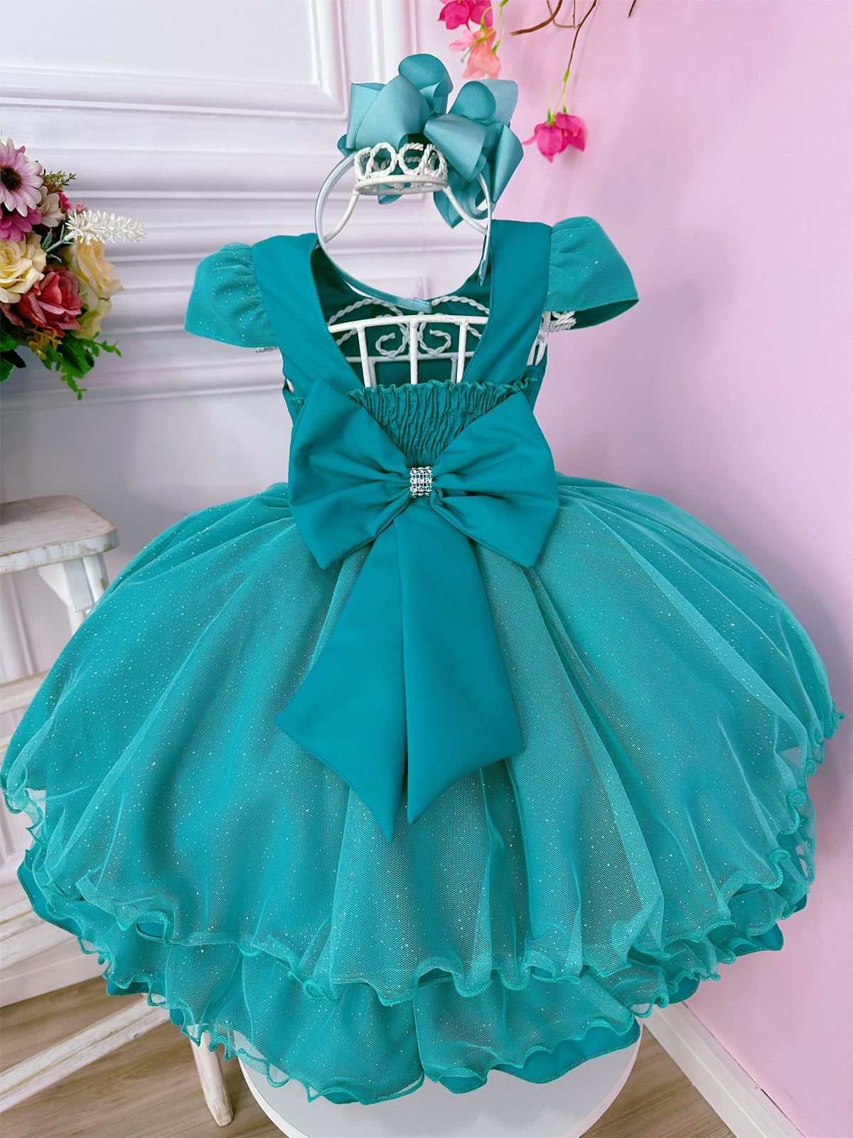 Vestido Infantil Verde Tiffany Glitter Aplique de Borboletas (0110VT)