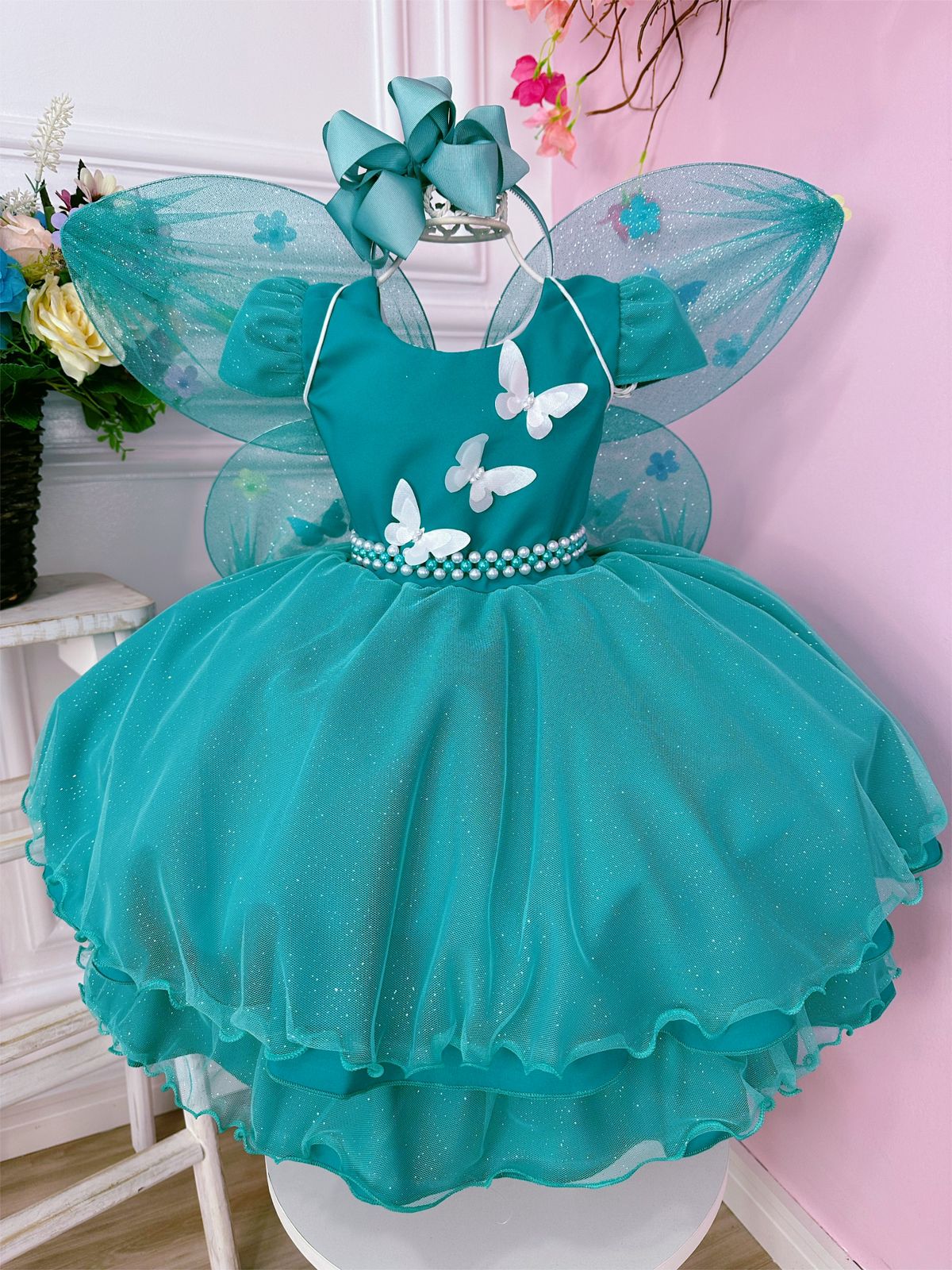 Vestido Infantil Verde Tiffany Glitter Aplique de Borboletas (0110VT)