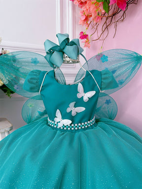 Vestido Infantil Verde Tiffany Glitter Aplique de Borboletas (0110VT)