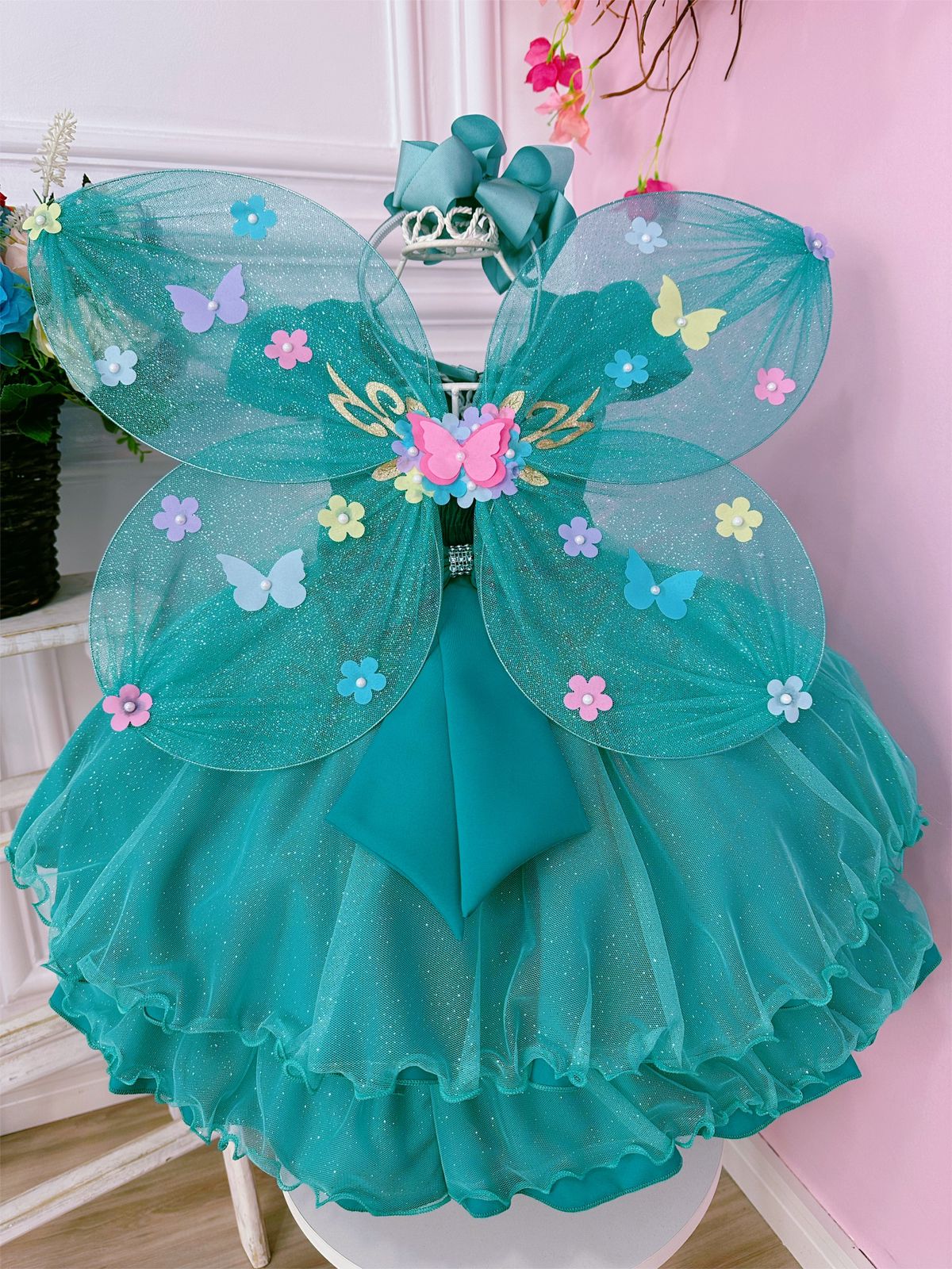 Vestido Infantil Verde Tiffany Glitter Aplique de Borboletas (0110VT)