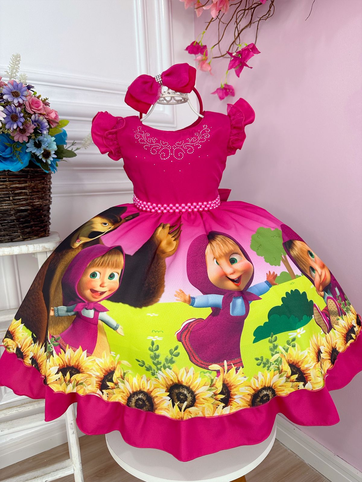 Vestido Infantil Masha e o Urso na Floresta C/ Tiara Strass (1011PK)