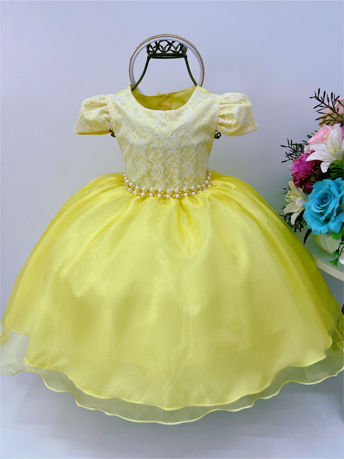 Vestido Infantil Amarelo C/ Renda Cinto Pérola e Tiara Festa (1062AS)