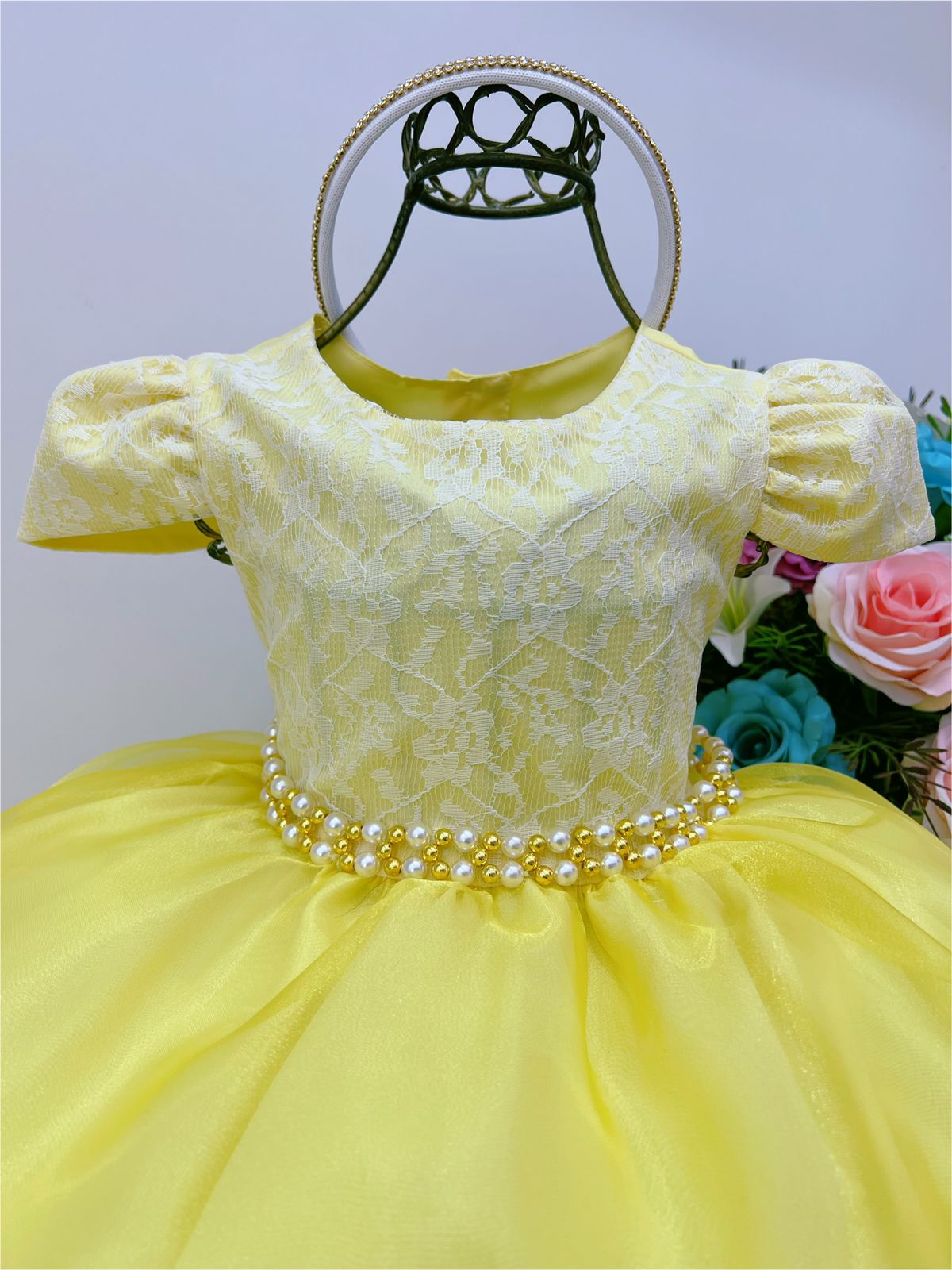 Vestido Infantil Amarelo C/ Renda Cinto Pérola e Tiara Festa (1062AS)