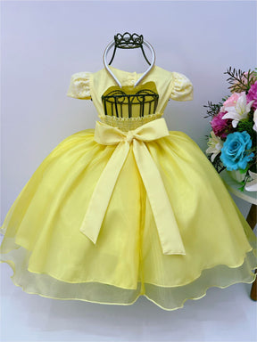 Vestido Infantil Amarelo C/ Renda Cinto Pérola e Tiara Festa (1062AS)