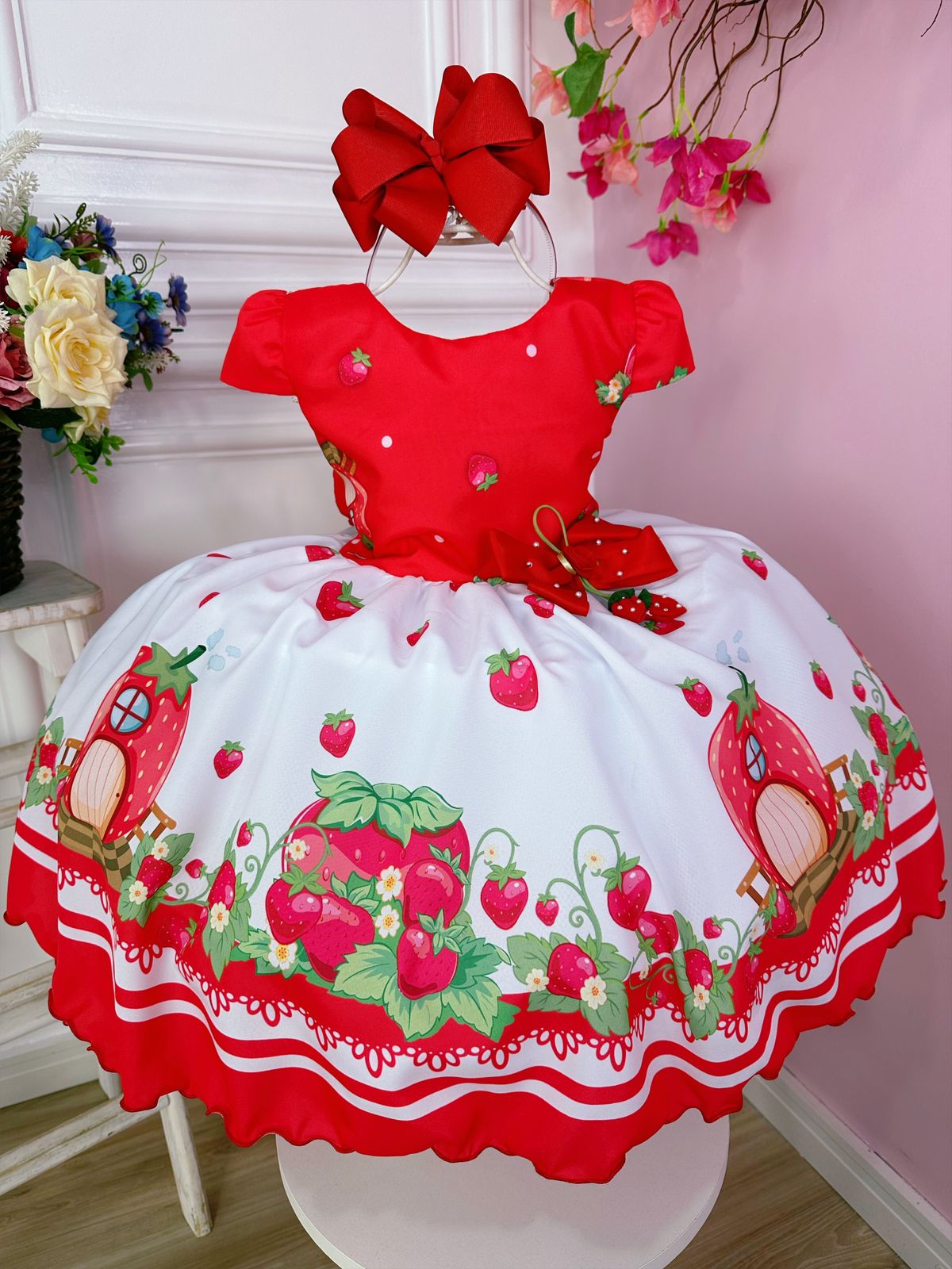 Vestido Infantil Moranguinho Vermelho Luxo Festas C/ Broche (1124VB)