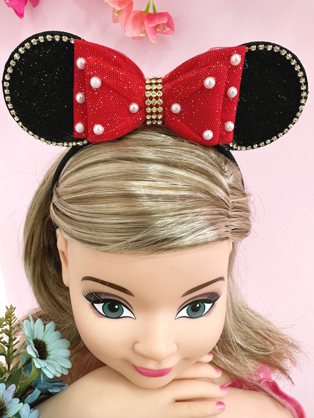 Tiara Infantil Minnie Vermelha Preta Pérolas Strass Tule (TIARA233)