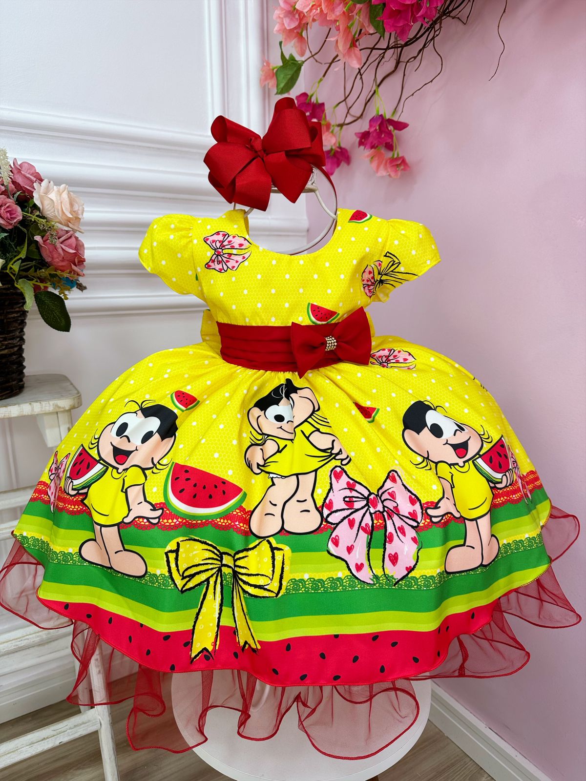 Vestido Infantil Magali Amarelo Laços Strass (1613AM)