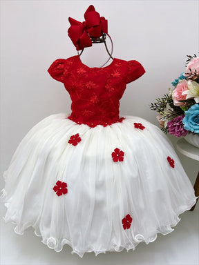 Vestido Infantil Vermelho e Off Com Renda e Aplique Flores (4271VERMELHO3)