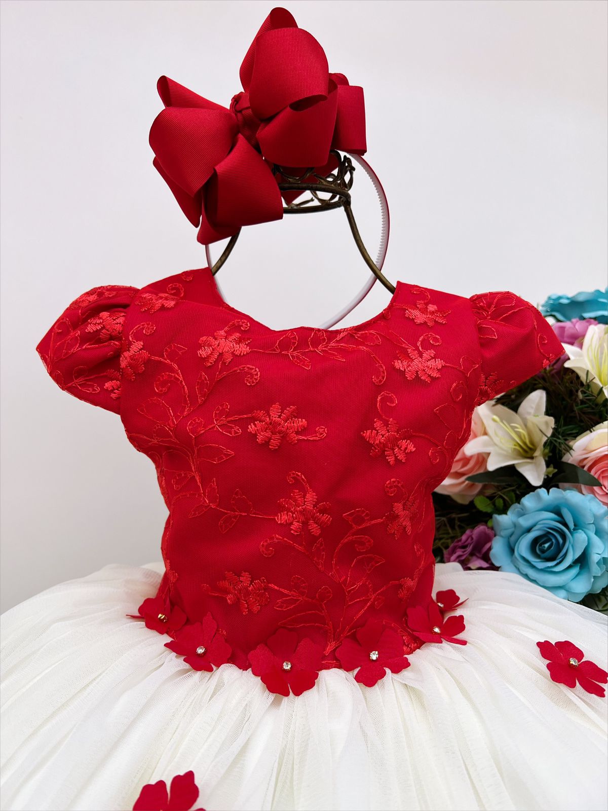 Vestido Infantil Vermelho e Off Com Renda e Aplique Flores (4271VERMELHO3)