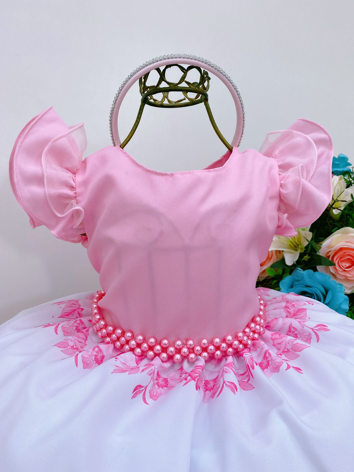 Vestido Infantil Princesas Rosa C/ Pérolas e Tiara Festas (1019RS)