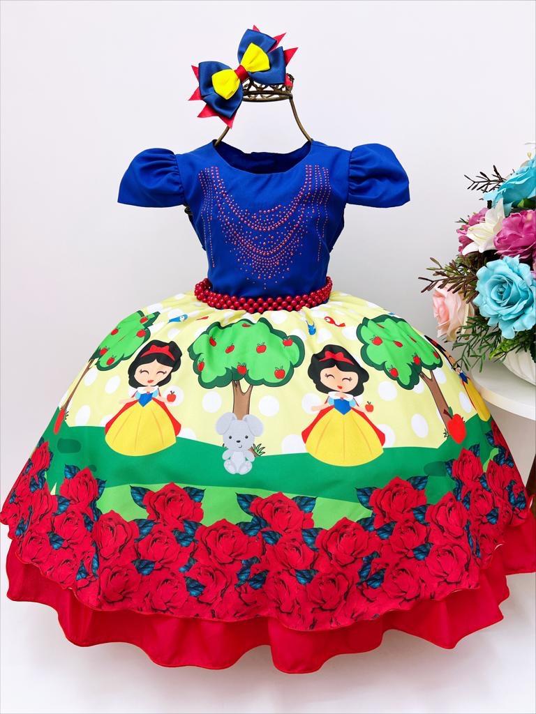 Vestido Infantil Branco de Neve Cinto Pérolas Bico de Pato (1008AZ)