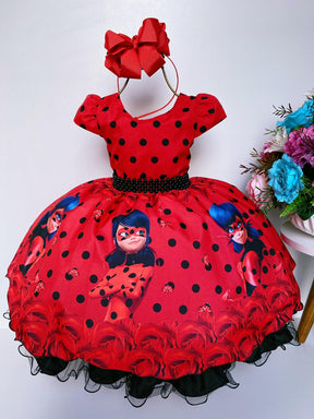 Vestido Infantil Ladybug Vermelho C/ Preto Cinto de Pérolas (0012LB)