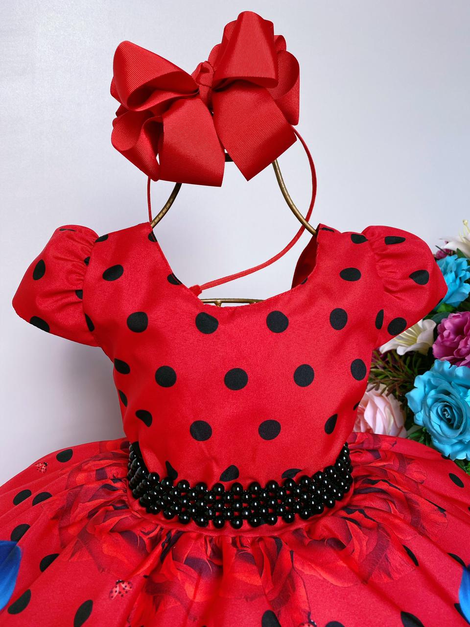 Vestido Infantil Ladybug Vermelho C/ Preto Cinto de Pérolas (0012LB)