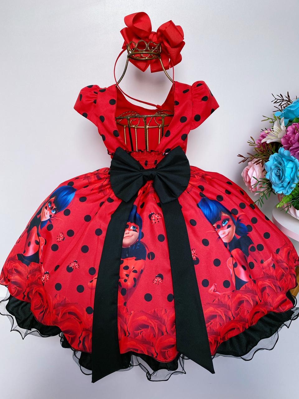 Vestido Infantil Ladybug Vermelho C/ Preto Cinto de Pérolas (0012LB)