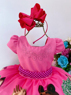 Vestido Infantil Masha e o Urso Pink Strass e Cinto de Pérolas (014MU)