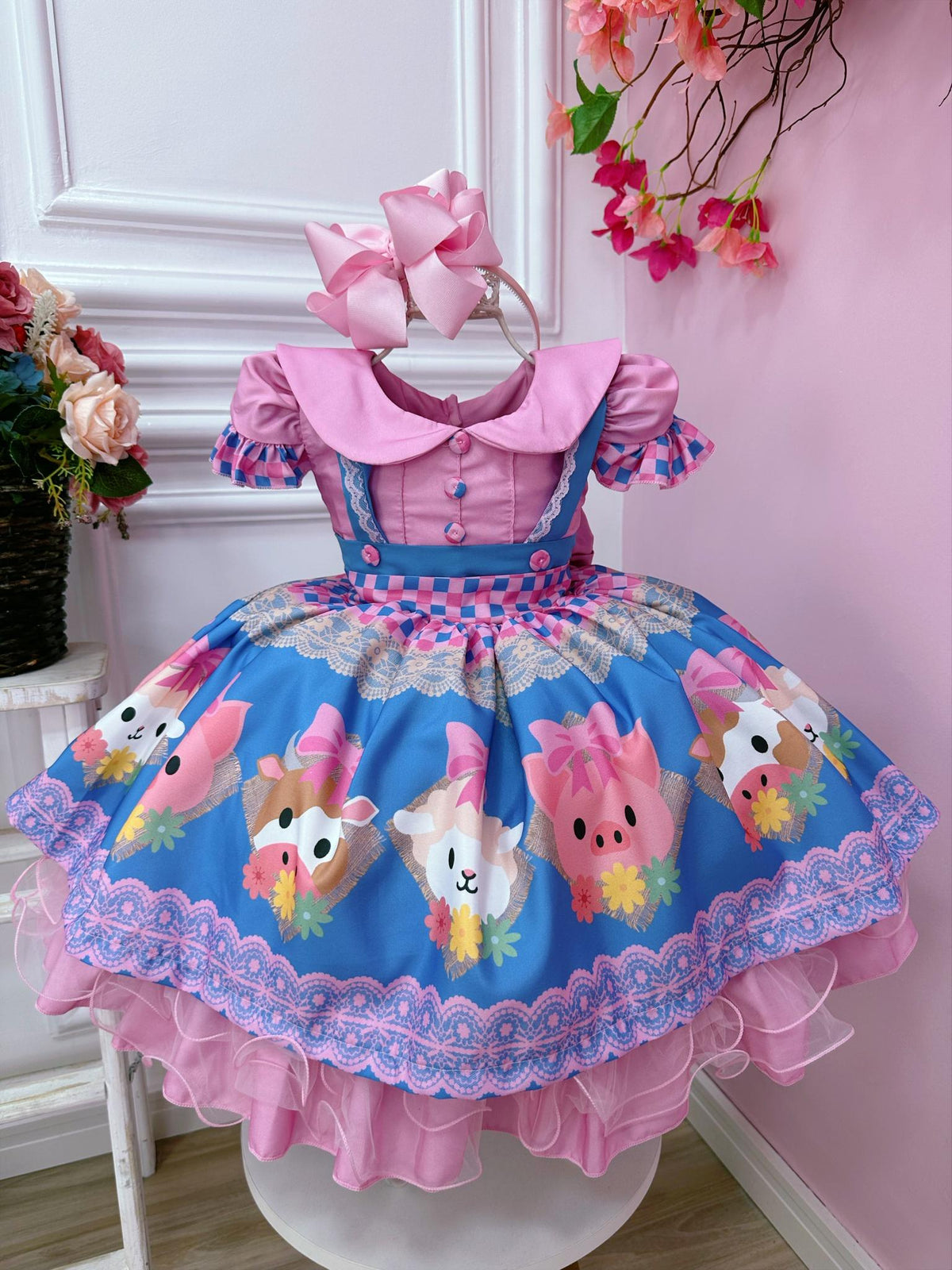 Vestido Infantil Rosa Fazendinha Bichos Aplique Botões (2868RB)