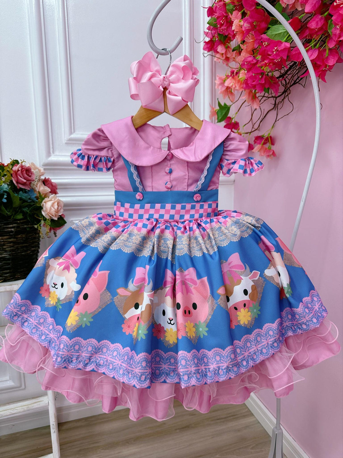 Vestido Infantil Rosa Fazendinha Bichos Aplique Botões (2868RB)