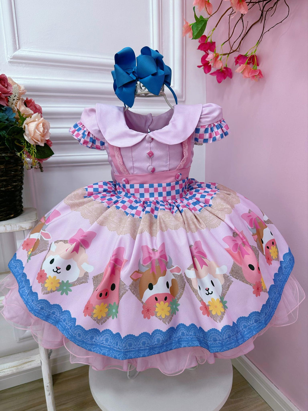 Vestido Infantil Rosa Bebê Fazendinha Bichos Aplique Botões (2868RR)