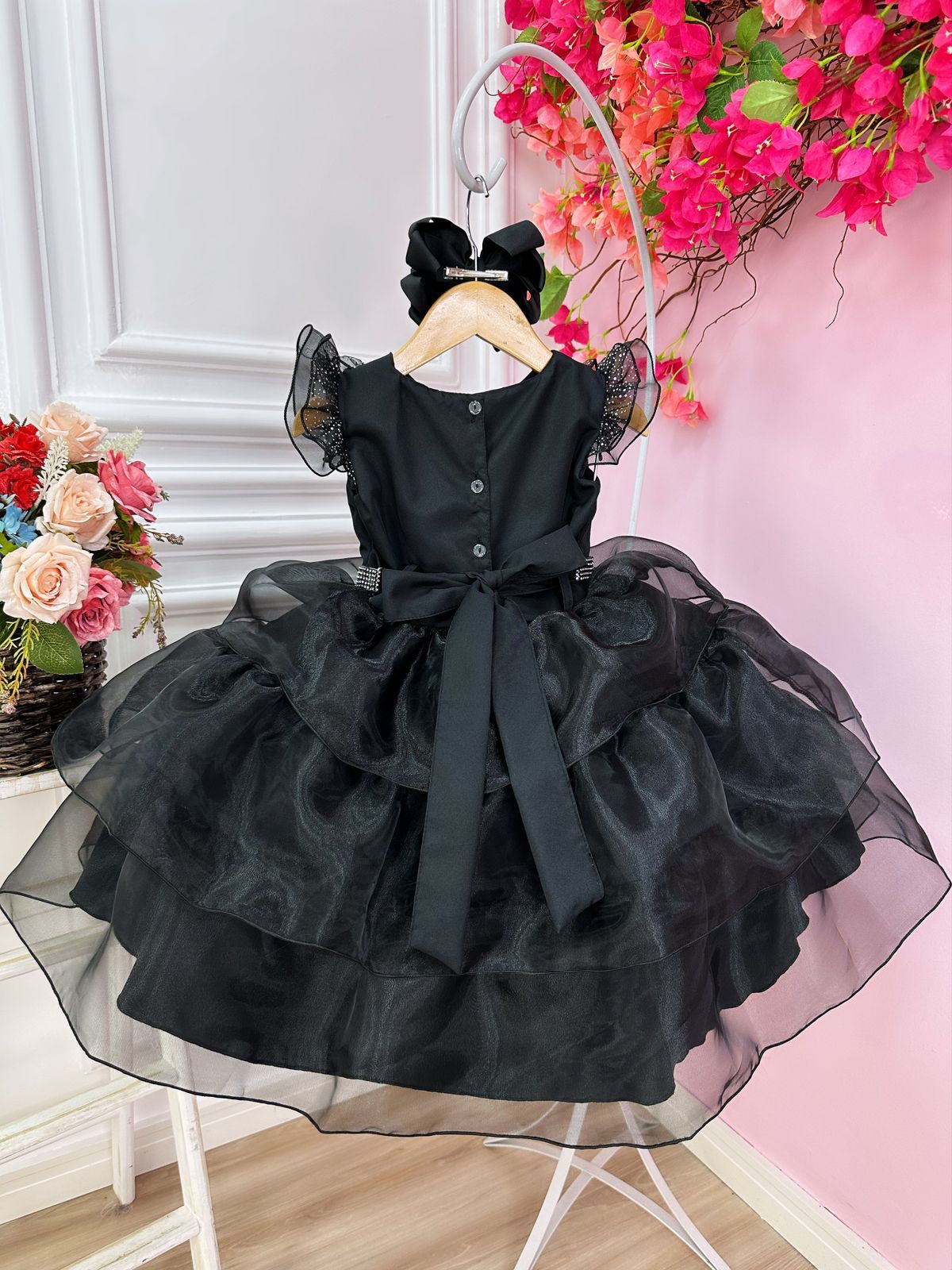 Vestido Infantil Wandinha Preto Com Cinto de Strass Luxo (4048PT)