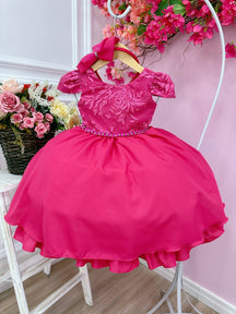 Vestido Infantil Pink Com Renda e Cinto de Pérolas Tiara (1053PY)