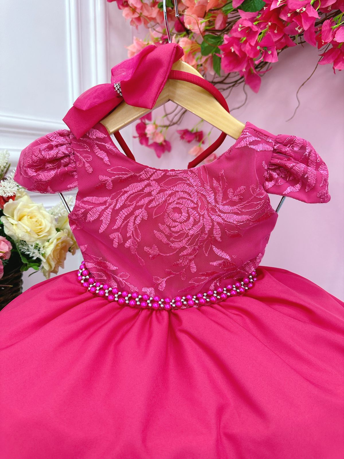 Vestido Infantil Pink Com Renda e Cinto de Pérolas Tiara (1053PY)