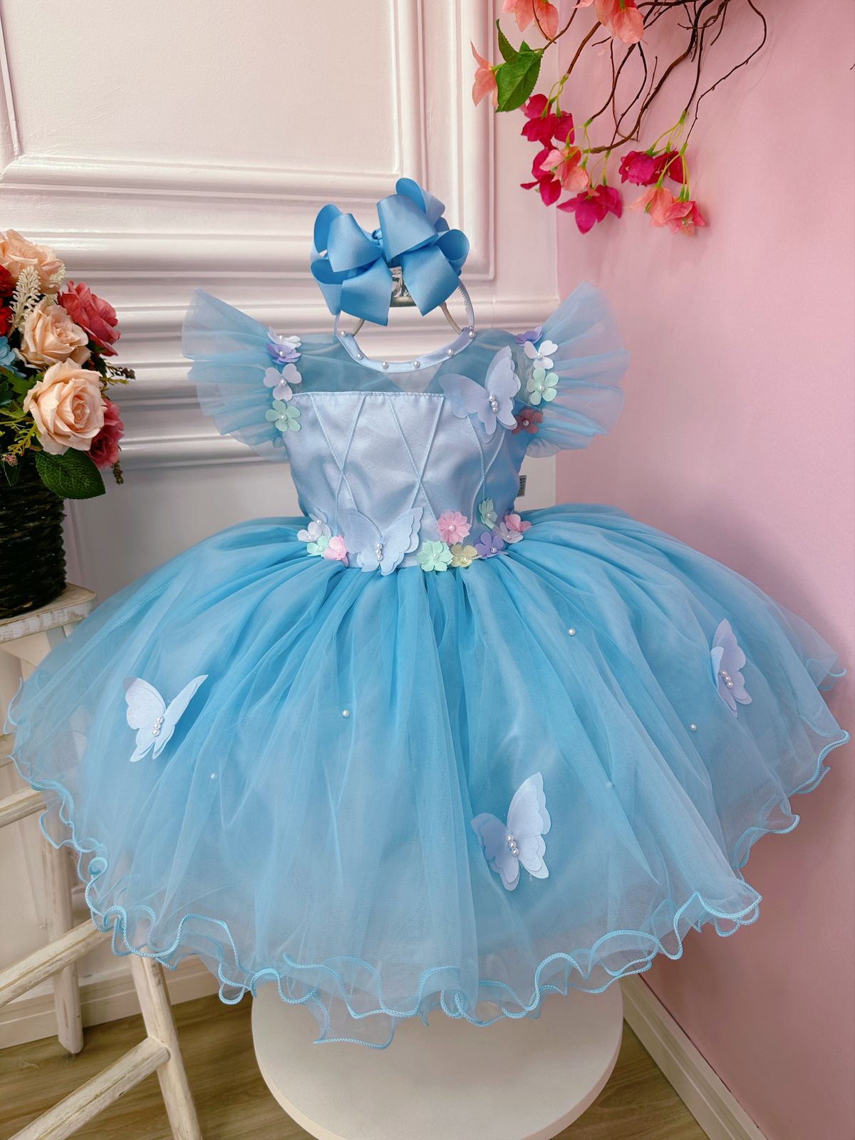 Vestido Infantil Jardim Encantado Azul C/ Aplique Pérolas (2331AZ)