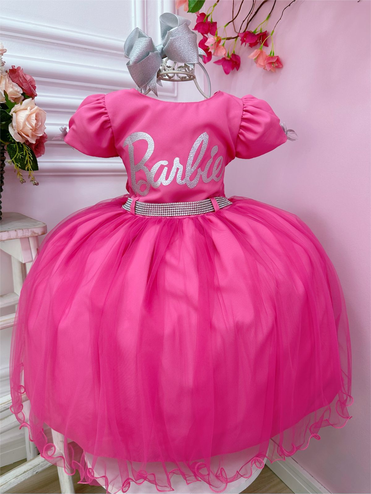 Vestido Infantil Barbie Rosa Chiclete Com Cinto de Strass (3587PK)