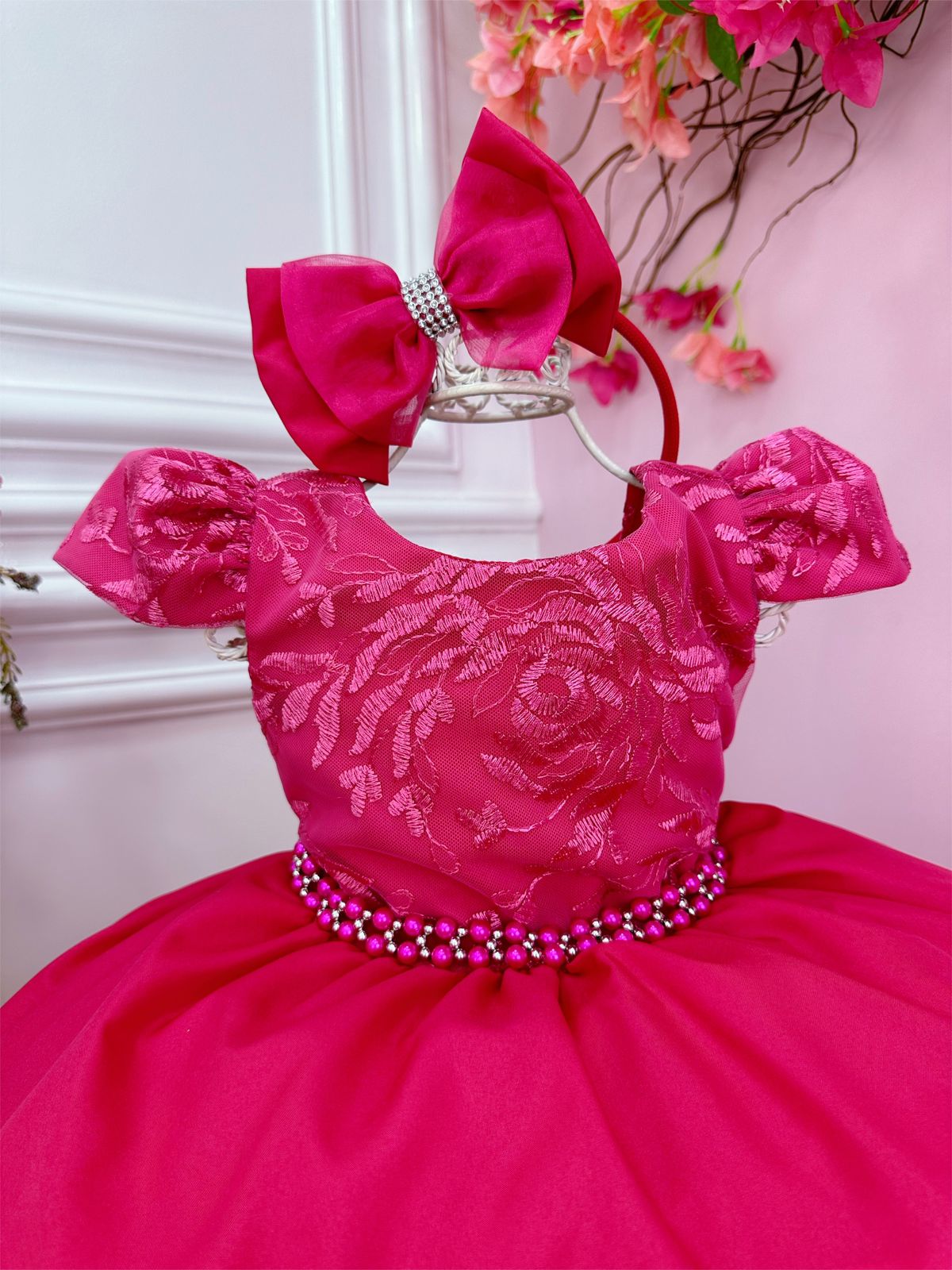 Vestido Infantil Pink Com Renda e Cinto de Pérolas Tiara (1053PY)