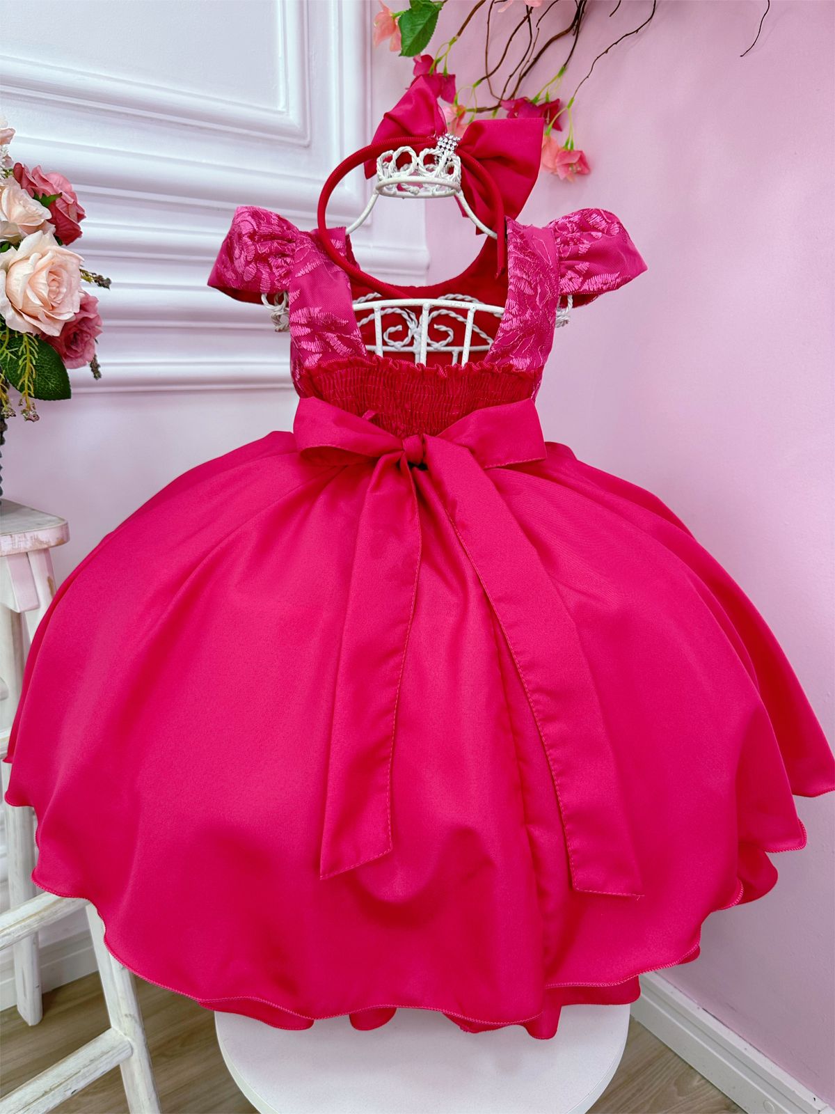 Vestido Infantil Pink Com Renda e Cinto de Pérolas Tiara (1053PY)