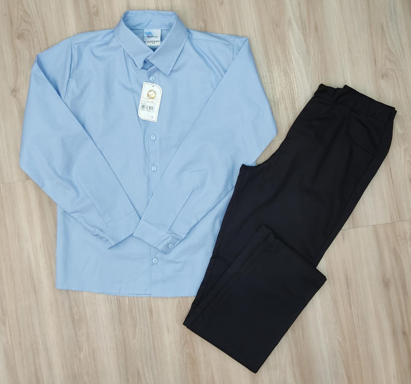 Conjunto Social Camisa Azul e Calça Preto em Algodão (3416AP)