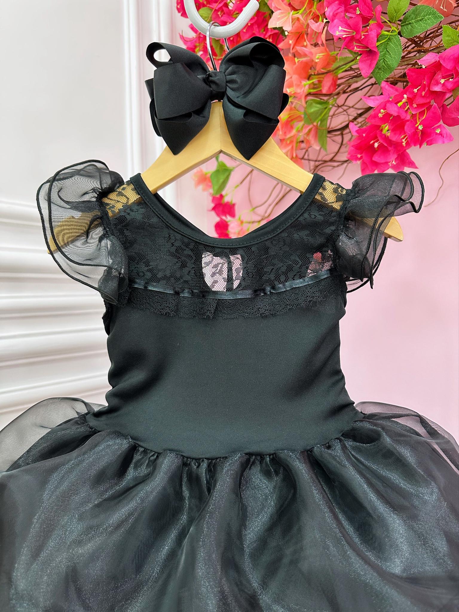 Vestido Infantil Wandinha Preto Com Babados Luxo (3194PT)