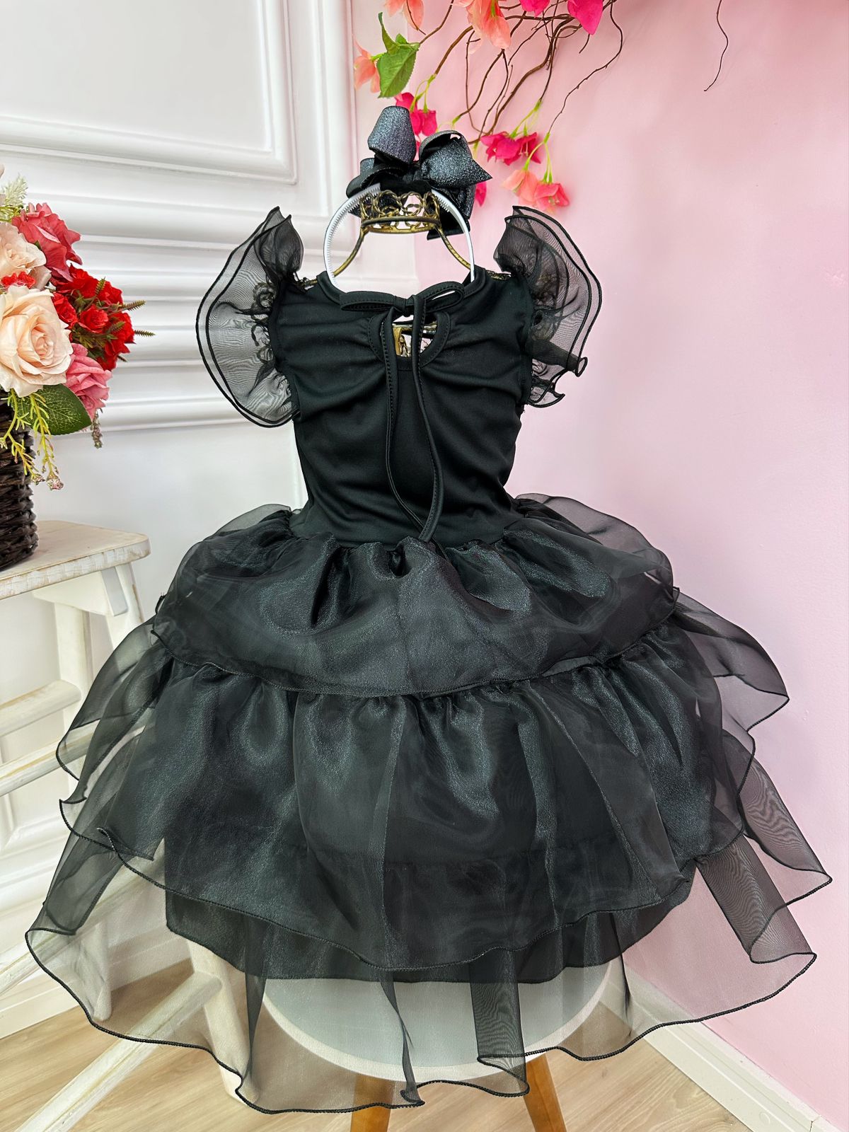 Vestido Infantil Wandinha Preto Com Babados Luxo (3194PT)