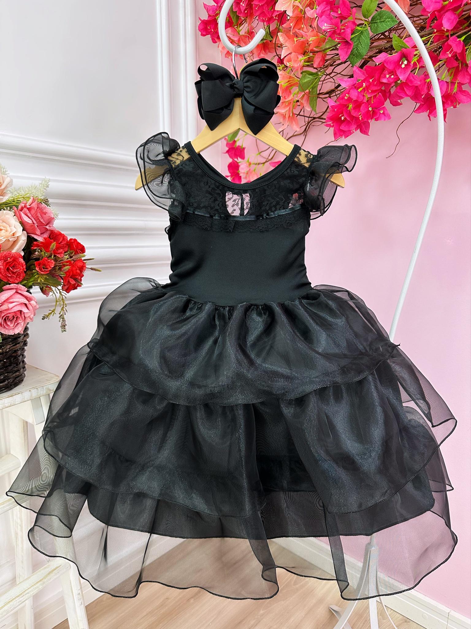 Vestido Infantil Wandinha Preto Com Babados Luxo (3194PT)