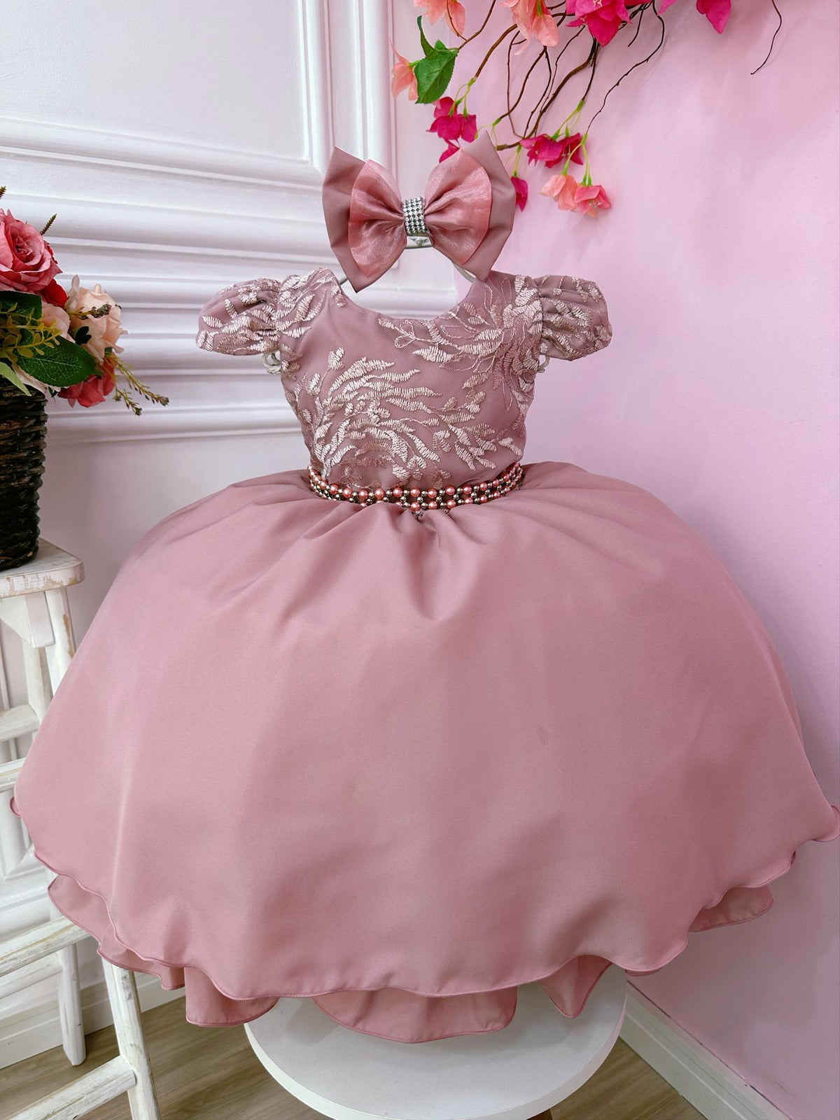 Vestido Infantil Rose Com Renda Laço e Cinto de Pérolas (1053RJ)