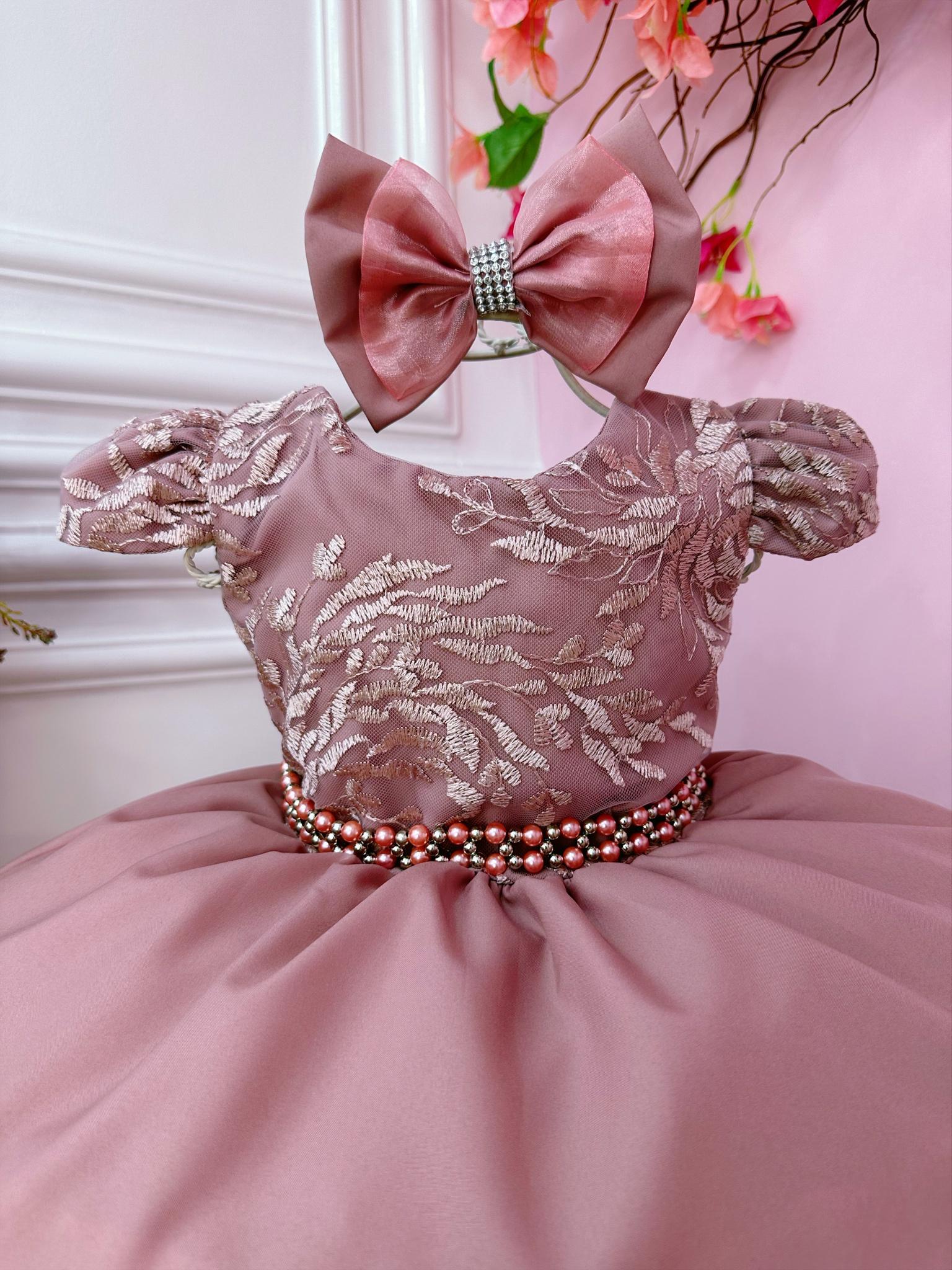 Vestido Infantil Rose Com Renda Laço e Cinto de Pérolas (1053RJ)