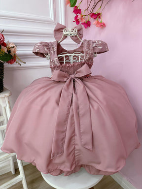 Vestido Infantil Rose Com Renda Laço e Cinto de Pérolas (1053RJ)