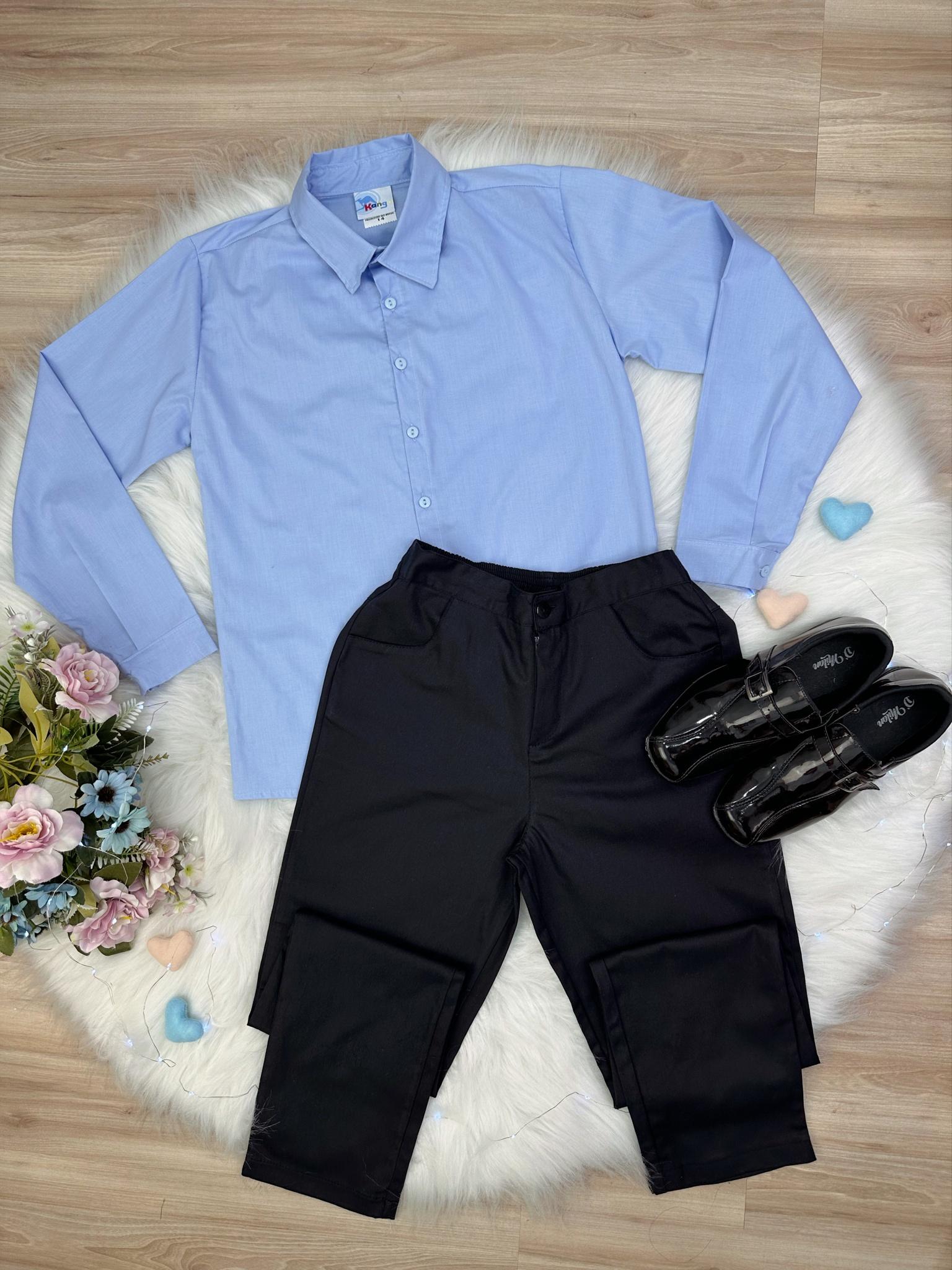 Conjunto Social Camisa Azul e Calça Preto em Algodão (3416AP)