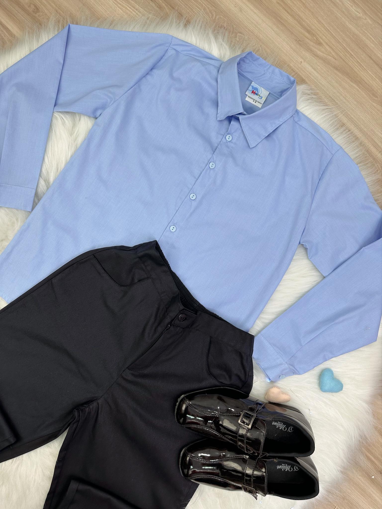 Conjunto Social Camisa Azul e Calça Preto em Algodão (3416AP)