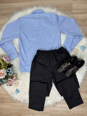 Conjunto Social Camisa Azul e Calça Preto em Algodão (3416AP)