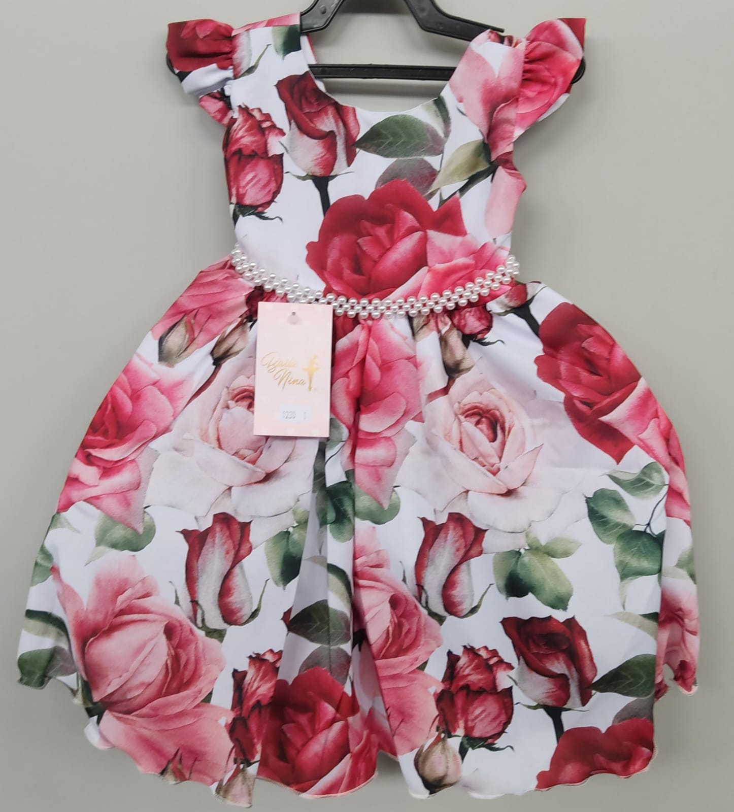 Vestido Infantil Branco Florido de Rosas Cinto Pérolas Festa (1230BF)