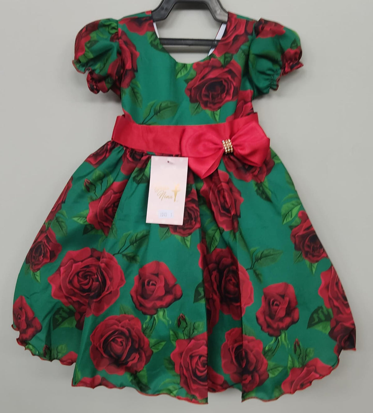 Vestido Infantil Verde Florido de Rosas Natal Festas Luxo (1243VD)