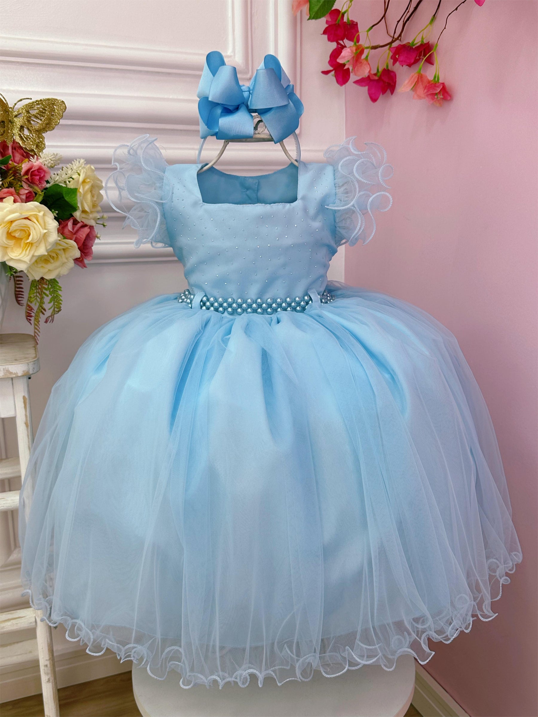 Vestido Infantil Azul Bebê Strass no Busto e Cinto de Pérolas (3589AC)