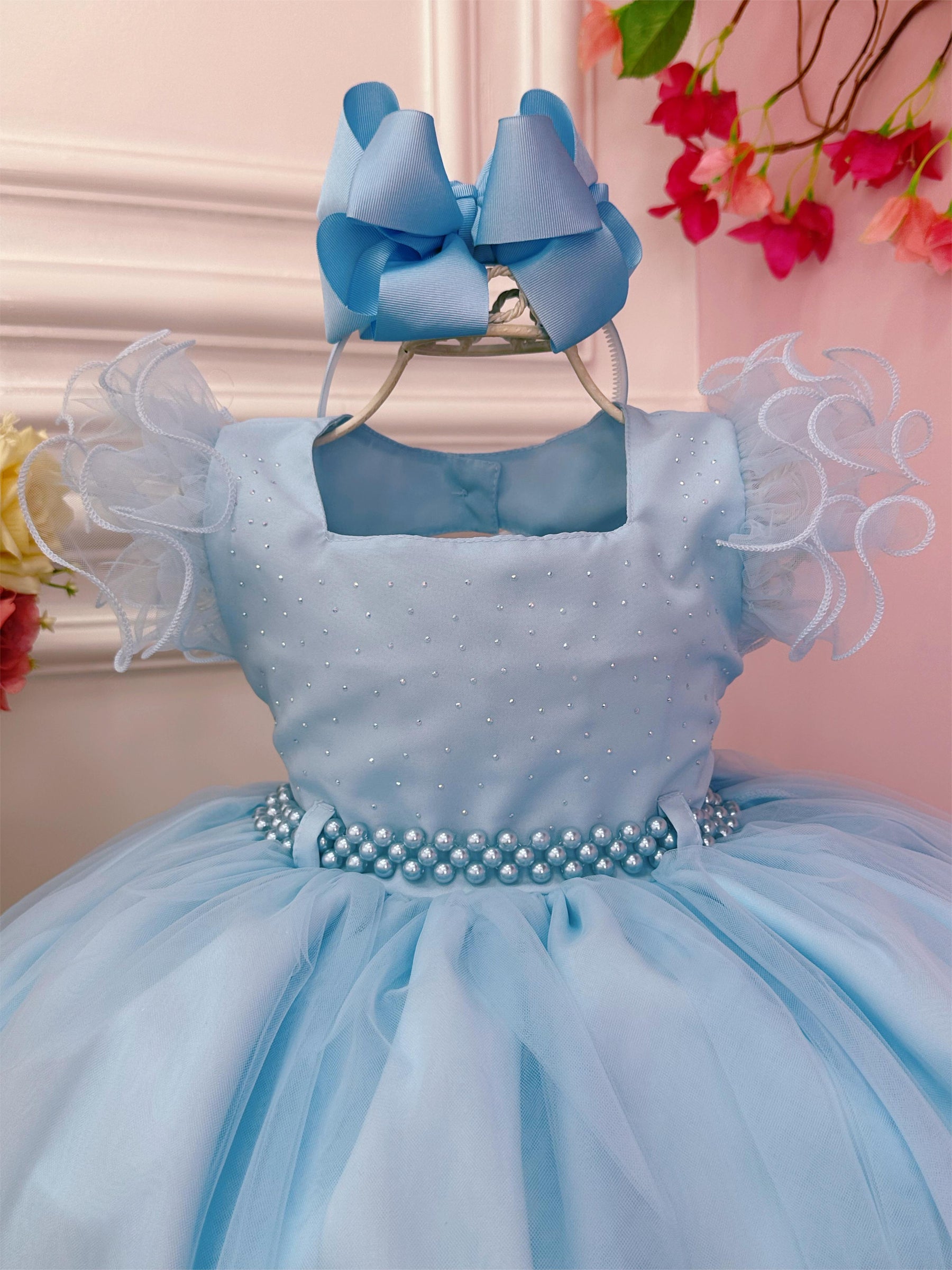 Vestido Infantil Azul Bebê Strass no Busto e Cinto de Pérolas (3589AC)